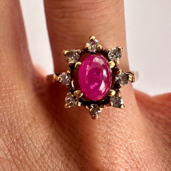antique cabochon ruby diamond cluster signet ring gold vintage edwardian 5.5 - Picture 6 of 9